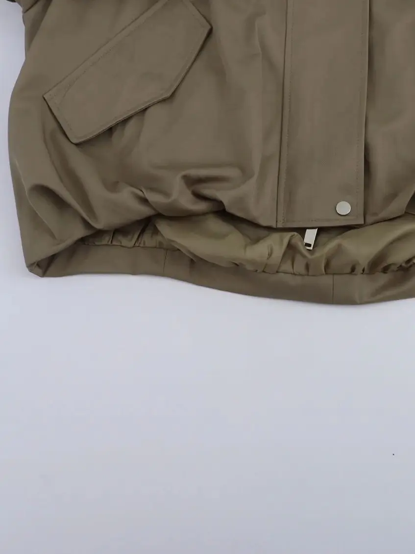 XNWMNZ moda damska Casual Bomber Jacket wycięcie pod szyją krótki trencz damski vintage krótka kurtka z kieszenią na zamek błyskawiczny do noszenia