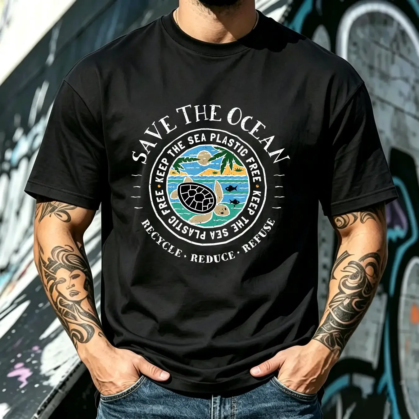 washed T Shirt Save The Ocean Keep Sea Plastic Free Turtle Size S 5XL vintage Washed Top For Everyday Wear Stylish Versatile