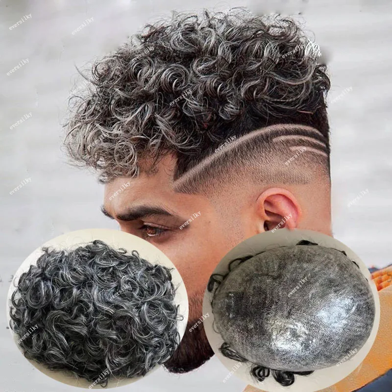 

Grey/Black Hair 20mm Curly Pieces Full Pu Base Durable Thin Skin Toupee for Men Natural Hairline Human Hair Replacement System