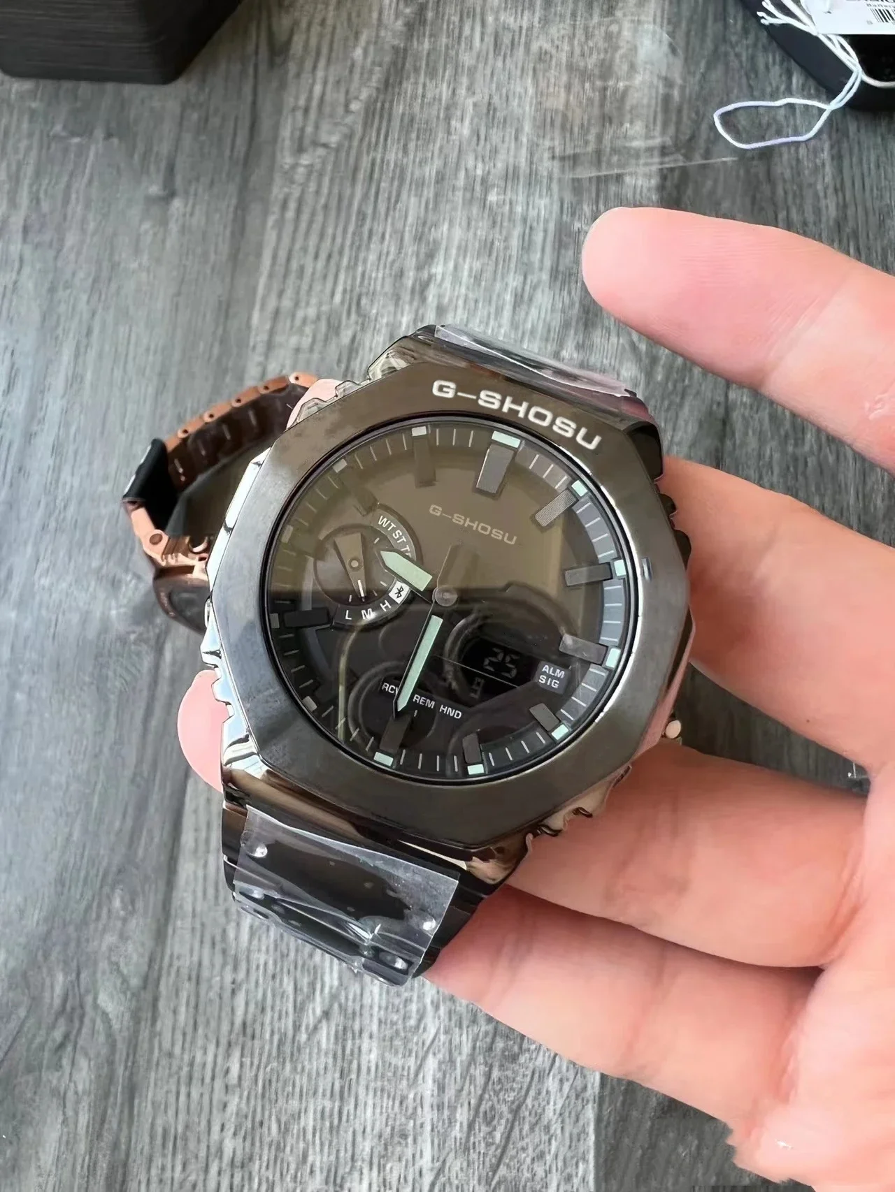 Reloj digital deportivo electrónico unisex Función completa LED Aleación Esfera grande Hora mundial Correa de acero Serie GMB Oak