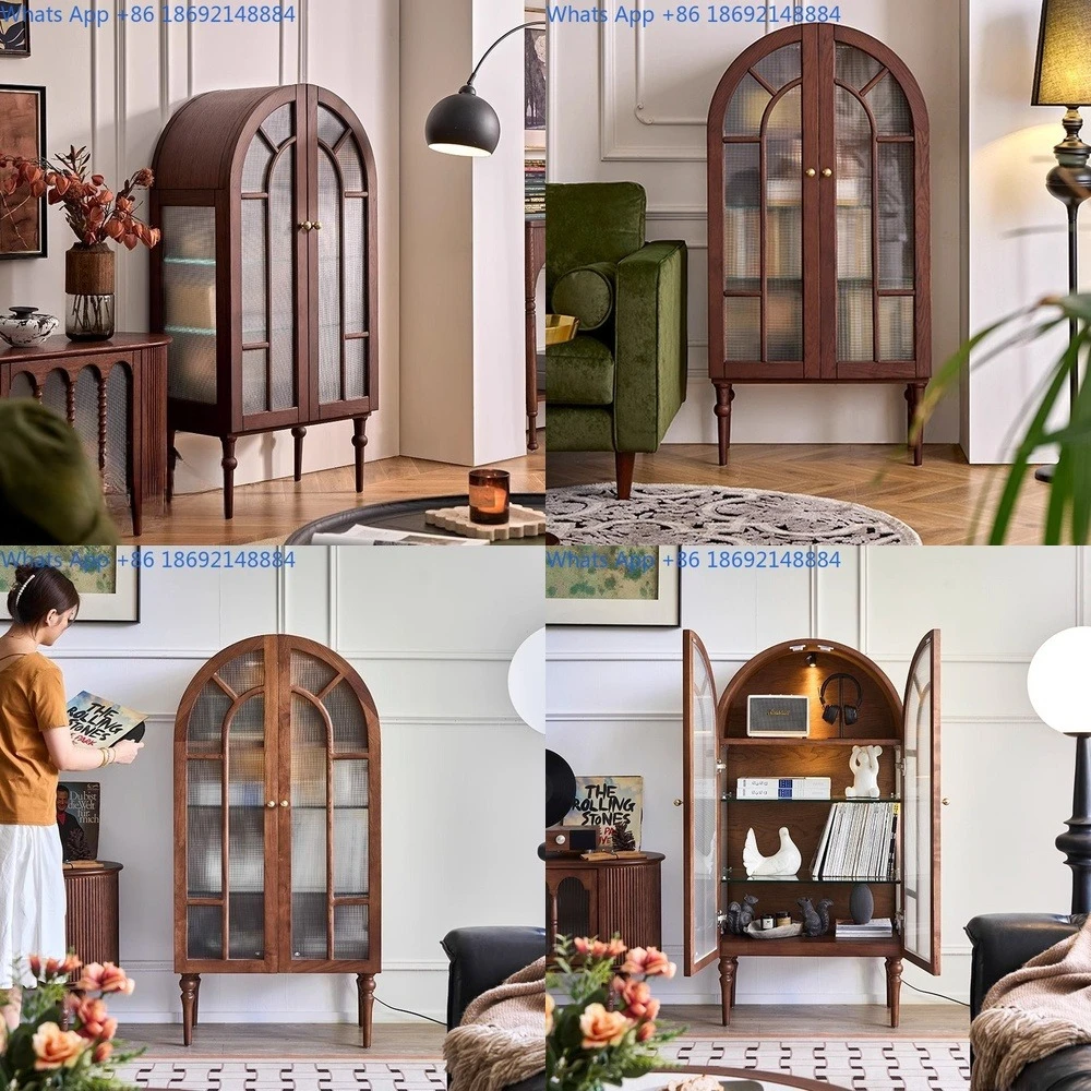 French Vintage Solid Wood Curved Sideboard Two Door Storage Cabinet Black Wall Mounted Glass Display Cupboard