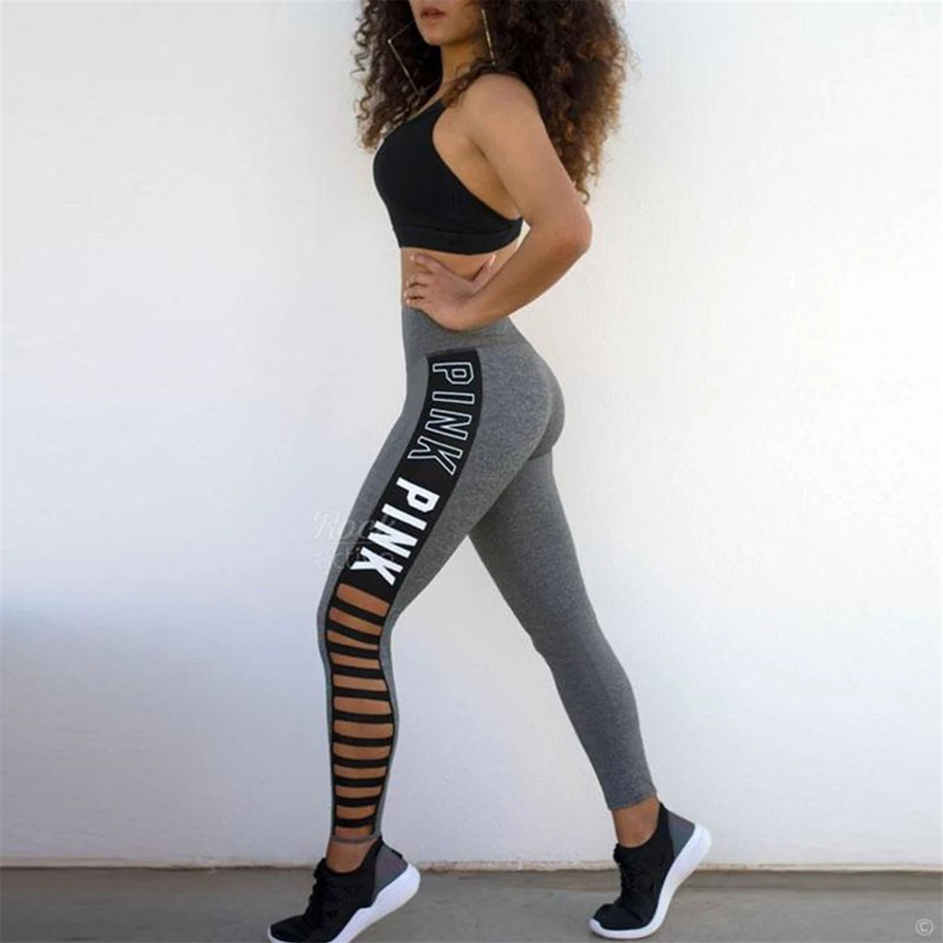 Hot-selling White Letter Printed Hole Nine-point Pant Women Fashion High Stretch Tight Leggings Side Hollow-legged Pants Women