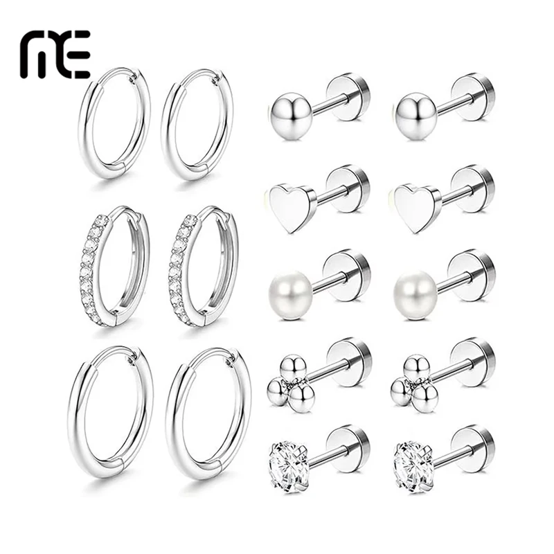 8 Pares de Aretes Planos para Mujer, Modernos de Acero Inoxidable con Perlas y Bolas de Amor, Aretes de Cartílago y Pequeños Aros
