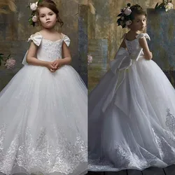 Apliques de encaje blanco, vestidos de flores para niña para boda, vestido de baile de tul hinchado con lazos, vestidos de primera comunión de princesa 2024