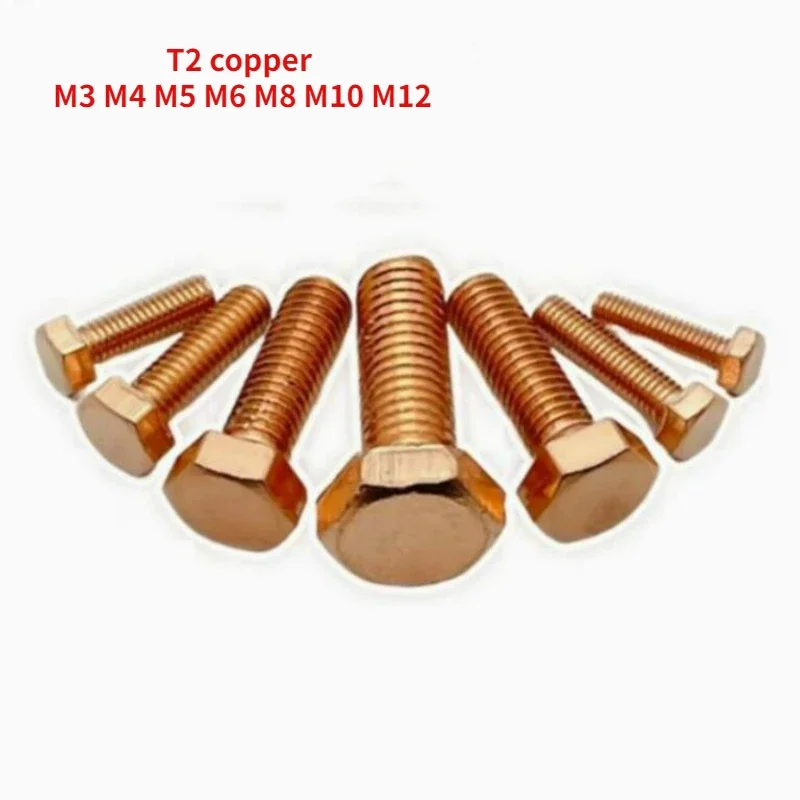 

5/10/20pcs T2 Pure Copper Outer Hexagon Screw Conductive Red Copper Purple Copper Conductivity Bolt M3 M4 M5 M6 M8 M10 M12