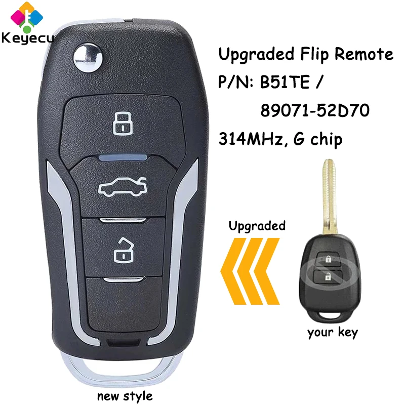 KEYECU Upgraded Flip Remote Control Car Key With 3 Buttons 314MHz G Chip for Toyota Yaris 2012 2013 2014 Autralian Fob PN: B51TE