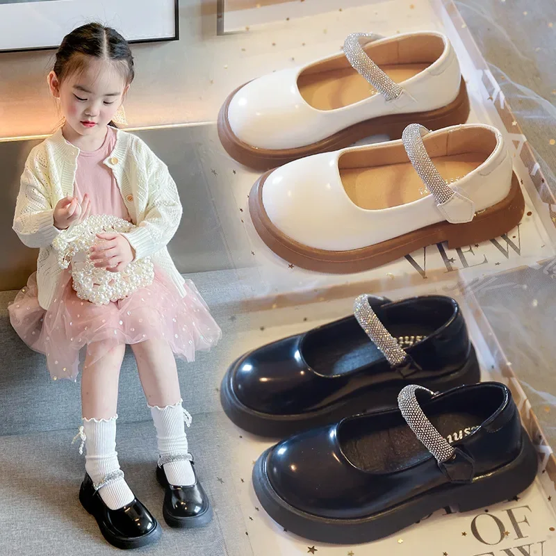 Summer New Little Girls' Rhinestone Simple Style Performance Children's Solid Low Heel Small Leather Shoes