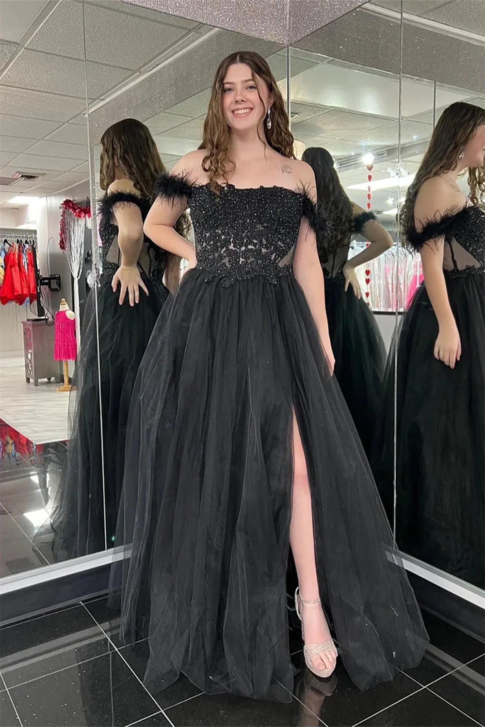 Jessica Lace Glitter Embroidery Prom Dresses Tulle Feathers Black Weddings Evening Dresses Dew shoulder A-line Cocktail Dresses