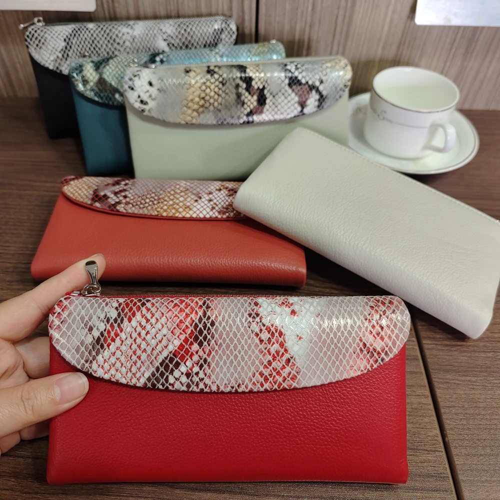 10 Colors Python Pattern Genuine Cow Leather Long Wallet Women Soft Genuine Cowhide Money Bag Cash Pocket Fashion Purse For Lady