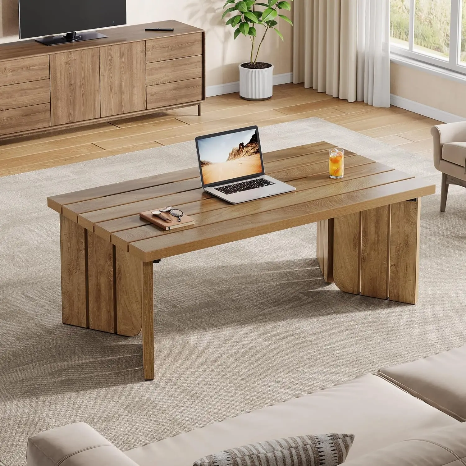 Rectangle Coffee Table, 47-Inch Farmhouse Center Table For Living Room, Walnut Wood Finish