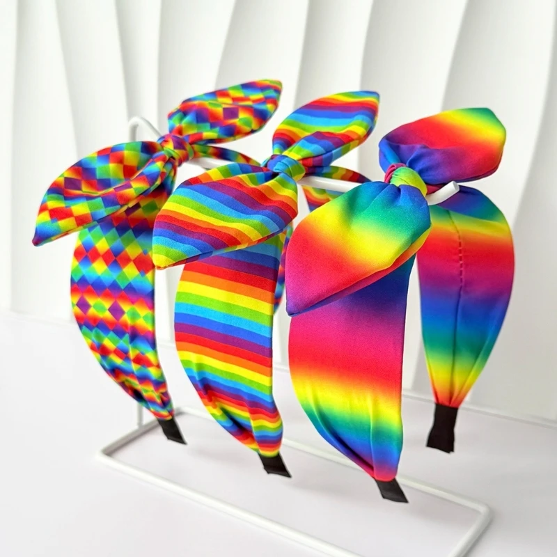 Q39C Rainbow Bows Headband with Soft Fabric Wide Band Hairband for Daily Outfits