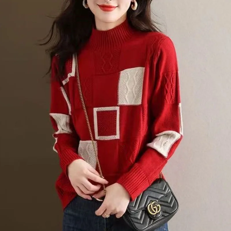 

Autumn and Winter Fashion Color Matching Half High Neck Thickened Loose Versatile Foreigner Women's Long Sleeve Knitted Sweater