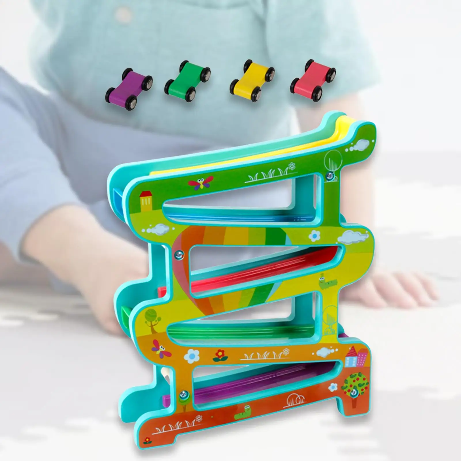 Wooden Car Ramp Toy with 4 Mini Cars Montessori Toy Leisure Toy Slide Car Toy Set for Age 3-6 Child Kids Kindergarten Boys Girls