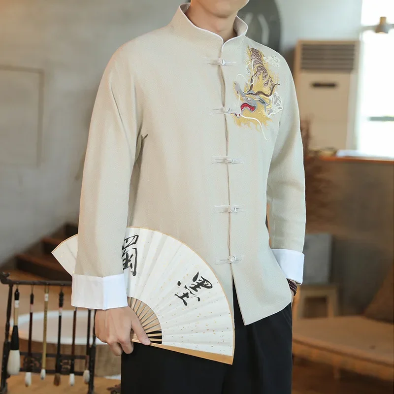 Chinoiserie Tops Traditional Chinese Hanfu Fashion Tang Suit Dragon Embroidery Shirt Loose for Men Clothing Vintage Long Sleeve