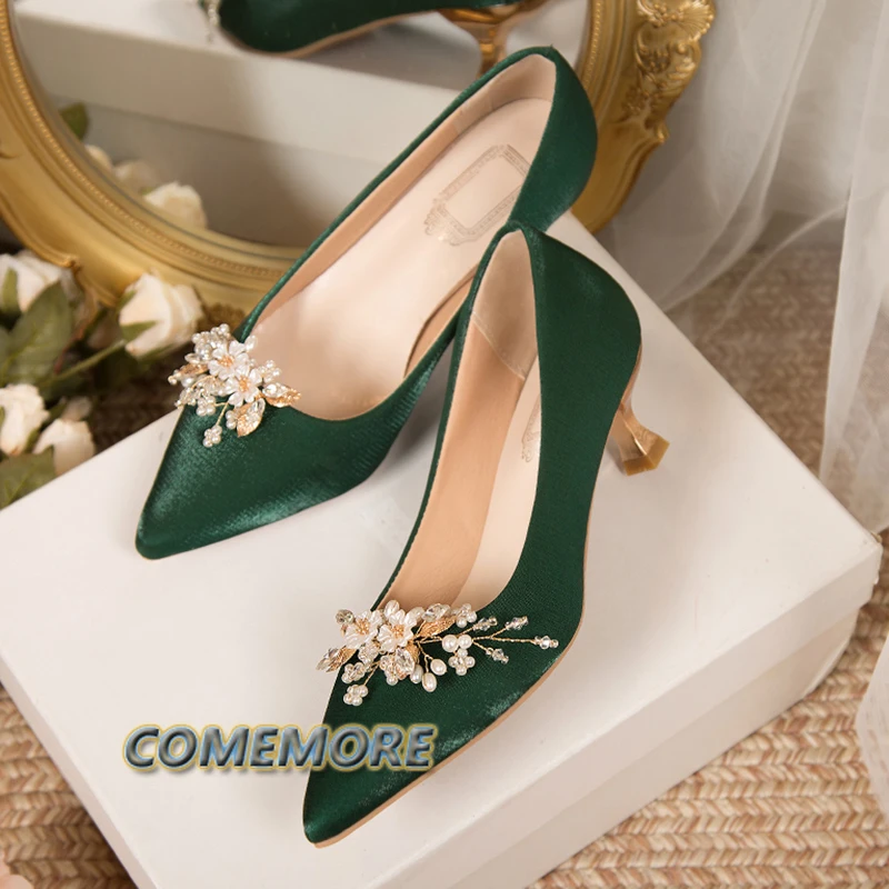 Flowers Pointed Toe Pumps for Women\'s 2023 New Green Silk Low Heels Shoes Woman Slip on Thin Heeled Lady Shoes Green Party Shoes