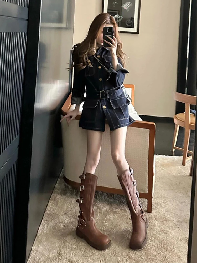 REDDACHiC Cargo Pockets Belted Mini Dress for Women Classic Button Down Long Sleeves Denim Shirt One-piece Work Casual Clothes