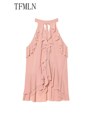 Imagen 2 del producto TFMLN 2025, blusa Halter escalonada de verano para mujer, moda sin mangas con volantes, Tops finos informales elegantes, Tops dulces de calle alta para mujer