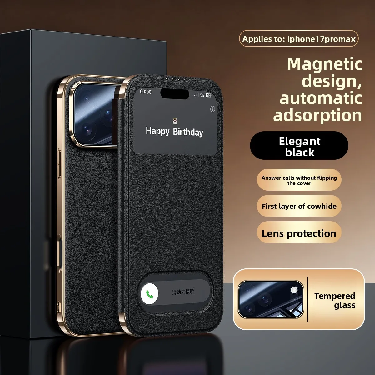 Plating Smart View Window Genuine Leather Phone Case for IPhone 17 Pro Max 17 Pro for Magnet Magnetic Flip Wallet Holder Cover