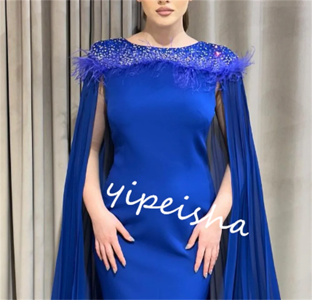 Prom Dress Evening Saudi Arabia Satin Draped Beading Feather Christmas A-line O-Neck Bespoke Occasion Gown Midi Dresses