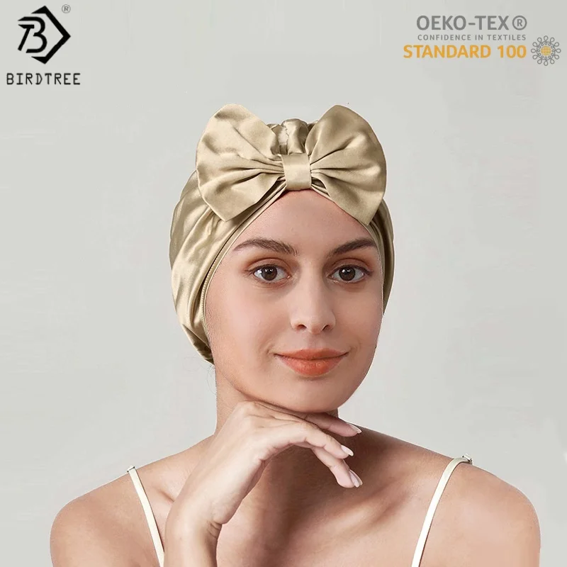 Birdtree, OEKO-TEX,  19MM 100% Real Silk Bonnets, Female Solid Sleeping Night Wrap Cap, For Curly Ladies, Black, White T62901JF