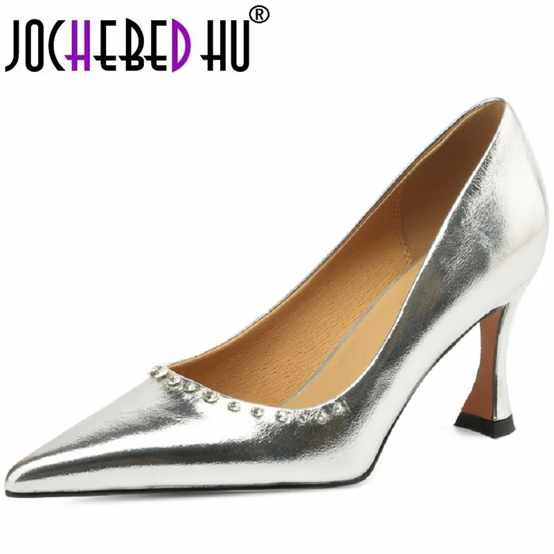 

【JOCHEBED HU】Women Genuine Leather Pumps Thin Super High Heels Pointed Toe Concise Party Wedding Spring Autumn Shoes Silver