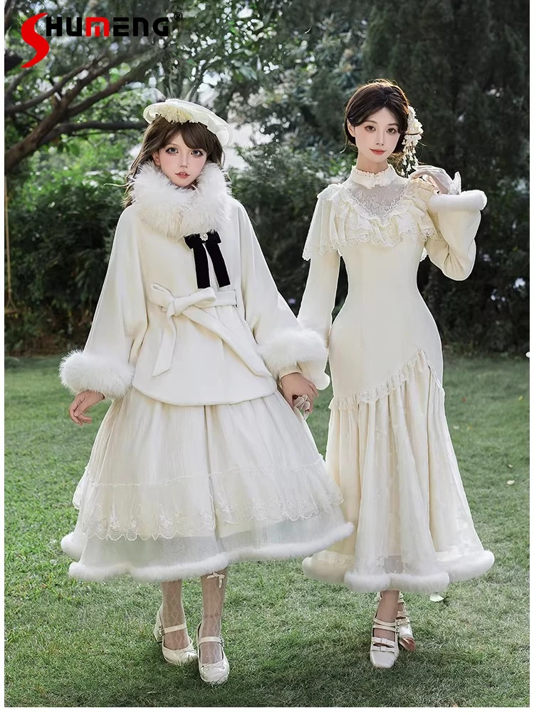 

Original Japanese Style Elegant Sweet Princess Cloak Detachable Plush Collar Versatile Lolita Cape Ponchos for Women Winter Coat