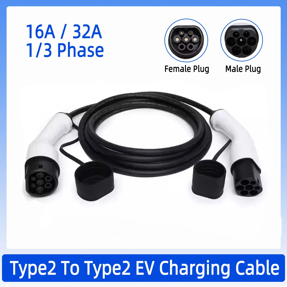 EV Charging Cable 32A 22KW Three Phase Electric Vehicle Cord for IEC 62196 Car Charger Station Type 2 EVSE Female to Male Plug