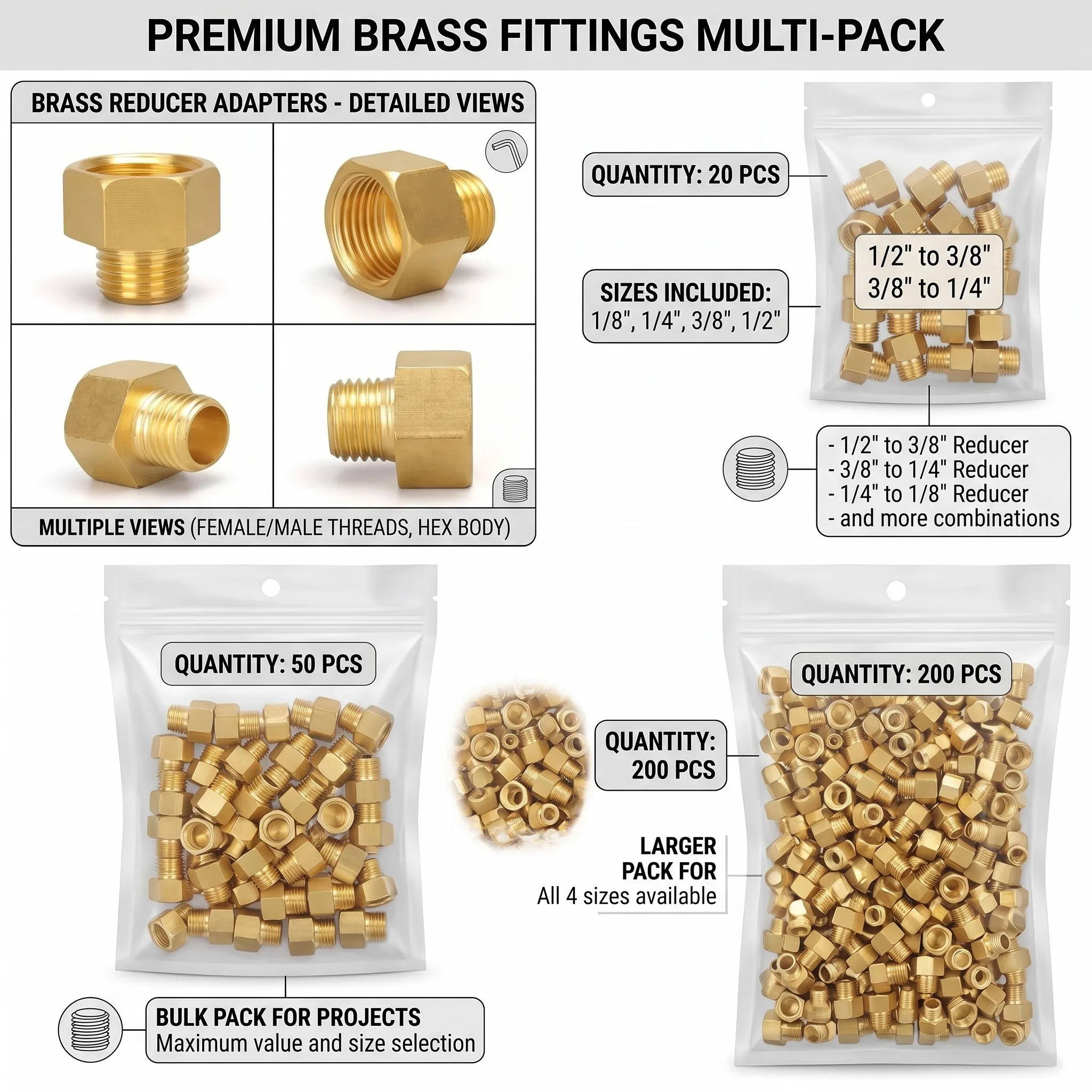 

20-200PCS Brass Pipe Nipple Fittings Hex Reducer Adapter 1/8" 1/4" 3/8" 1/2" BSP Male to Female Thread Water Gas Oil Connector