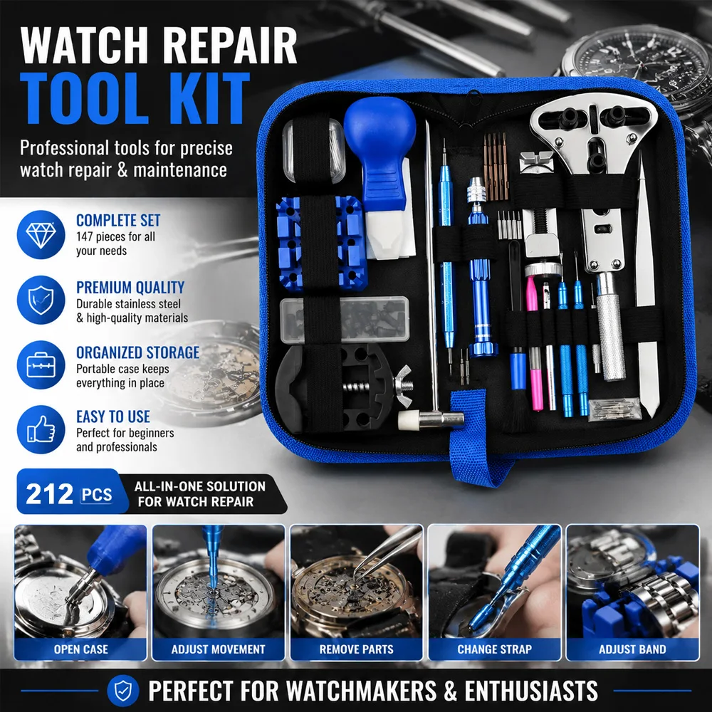 

212Pcs WatchRepair Tool Set Watch Strap RemoverBattery Opening Kit with Bottom Cover Holder for Watch Adjustment and Maintenance