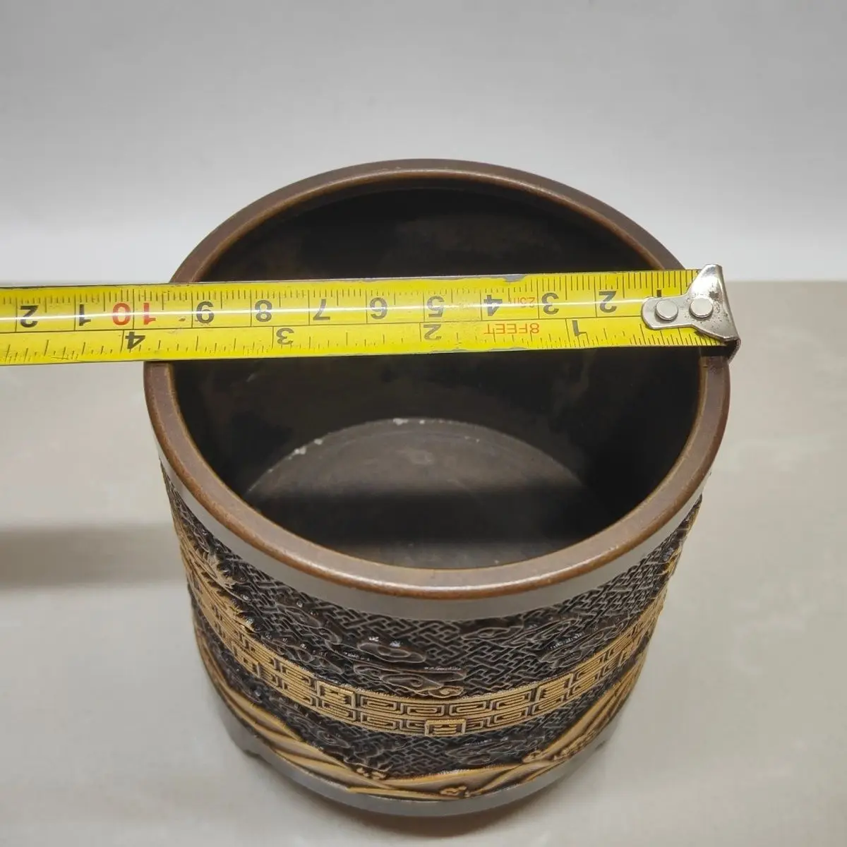 Gilt Bronze Brush Pot with Dragon and Phoenix Auspicious Pattern, Antique Collectible