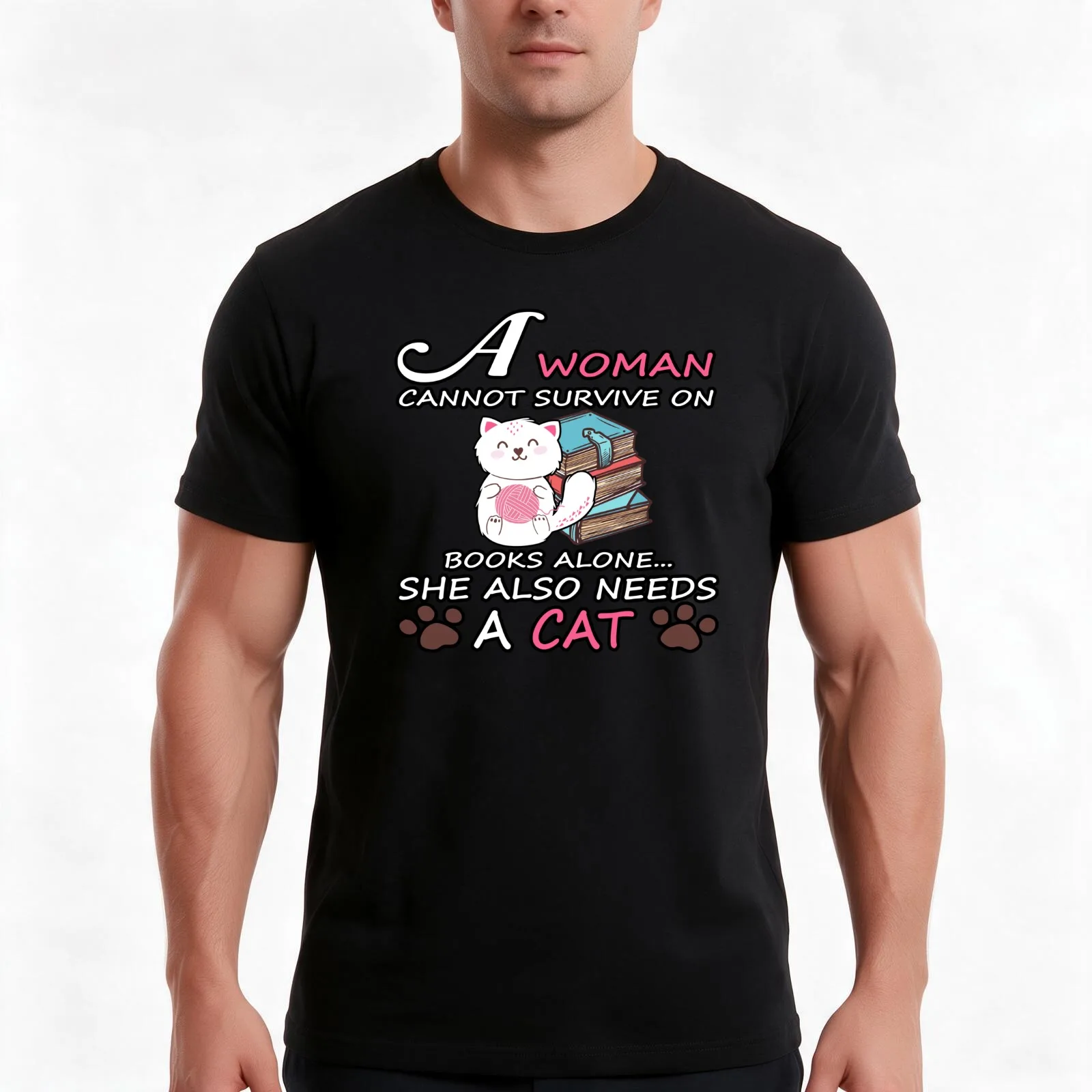 A Woman Cannot Survive On Books Alone She Also Needs a Cat T-Shirt Summer Casual Cotton Tee Oversized Streetwear Tops