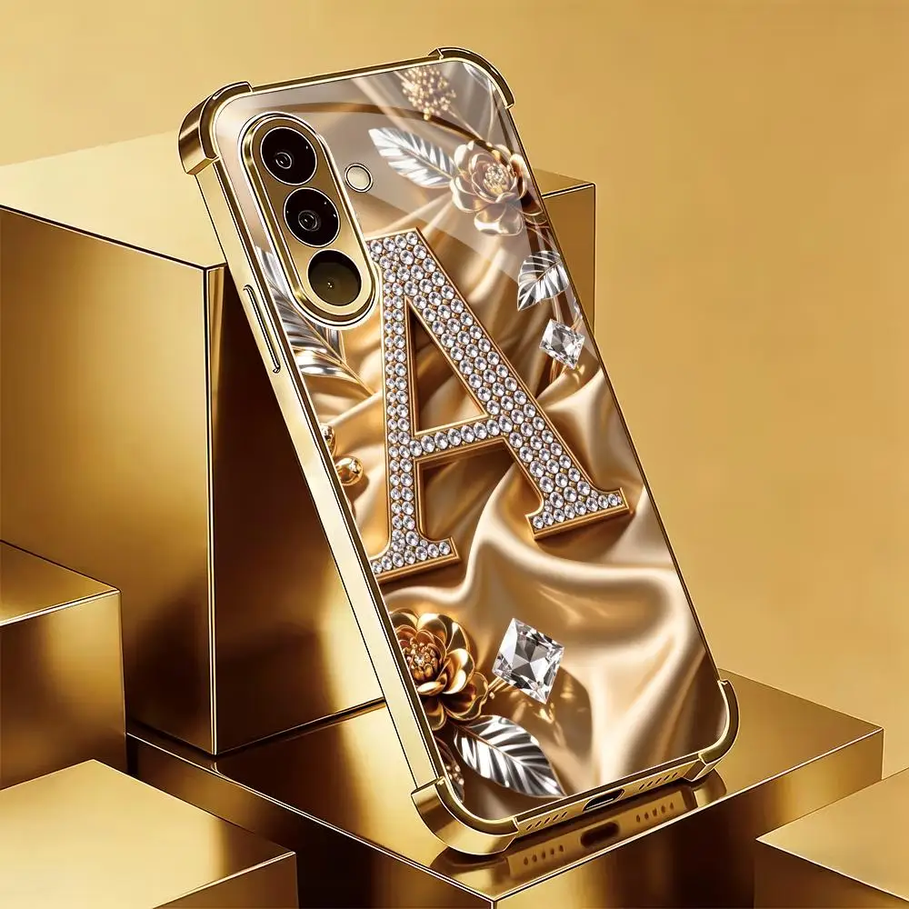 Letter A electroplated glass phone case suitable for Samsung Galaxy S26 S25 S24 S23 S22 S20 FE/Ultra/Plus anti drop back cover