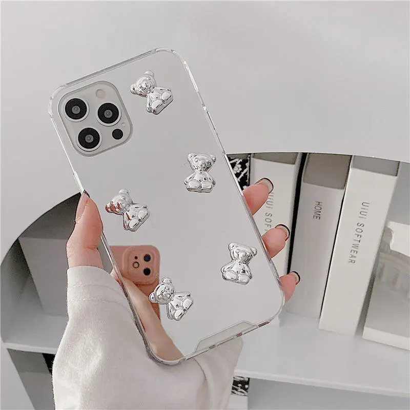 For Samsung Note 10 20 Ultra S25 S24 S23 S22 Plus S21 Ultra S20 FE S10 S9 3D Silver Heart Bear Mirror Case Cover