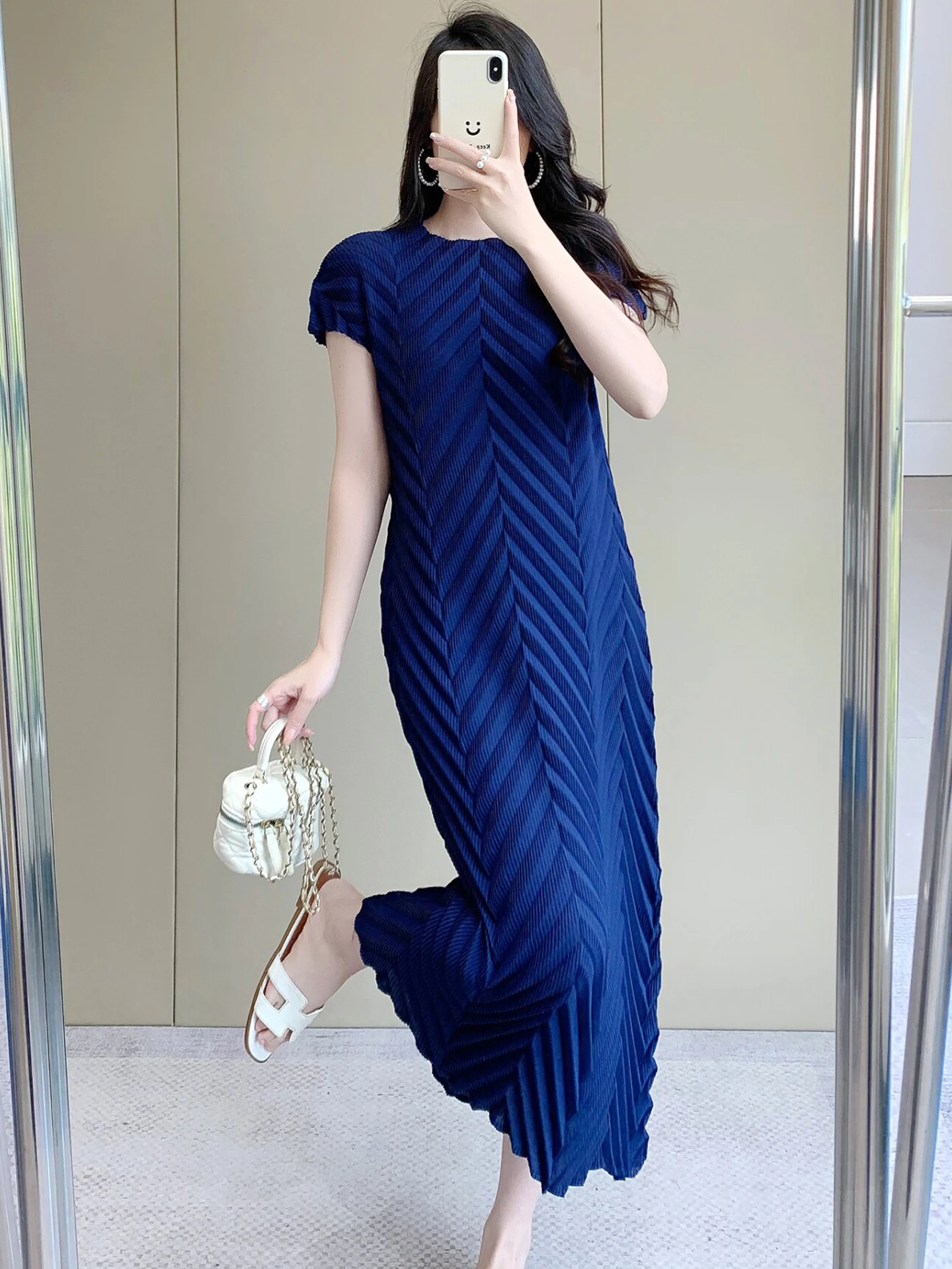 

Летнее приталенное платье с коротким рукавом и плиссировкой в стиле Three Houses, элегантное, для офиса, с узором, устойчивое к сминанию, прямого кроя