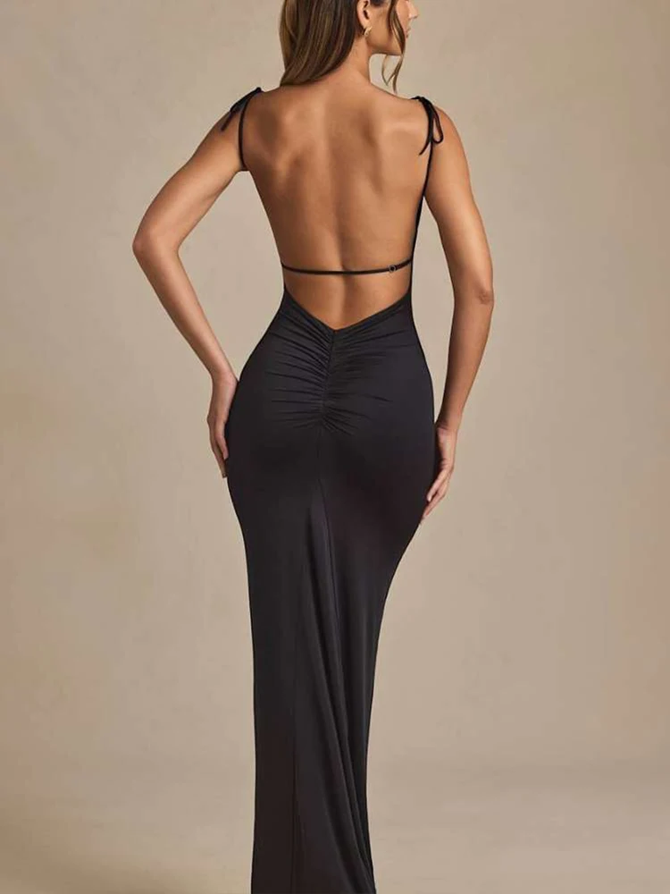Whatiwear เซ็กซี่แฟชั่น Maxi ชุดผู้หญิง Skew COLLAR Shirring สายคล้องไหล่ Backless Midnight PROM PARTY Elegant Skinny Vestidos