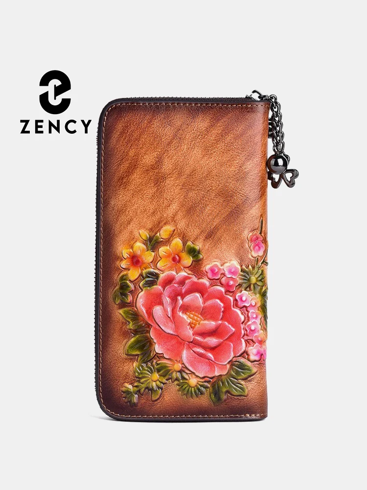 Zency Elegant Retro Women's Wallet Genuine Leather Large Capacity Coin Purse Card Holders Long Wallet Floral Pattern Phone Pocke