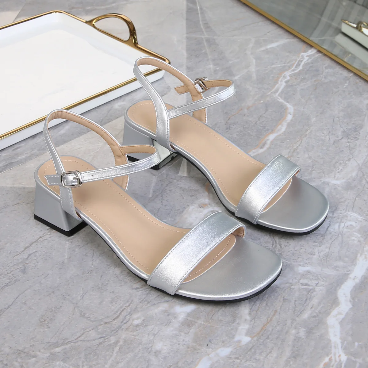 Sandals for Women Summer Fashion Soft Leather Chunky Sandals Round Head Open Anti-slip Wear-resistant High Heels Plus Size 44 image 5