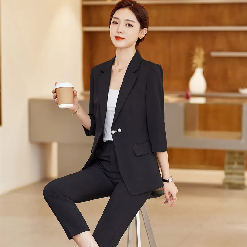 Yellow Suits Women Summer New Temperament Style Professional Casual Slim Blazer And Pants Two Piece Sets Office Ladies Work Wear