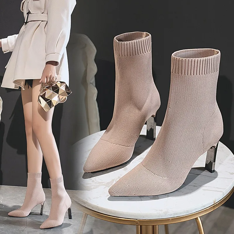 

Fashionable Pointed Toe Sock Boots Women's Chunky Heel Elastic Boots Knitted Short Boots Korean Style Casual Pure Color