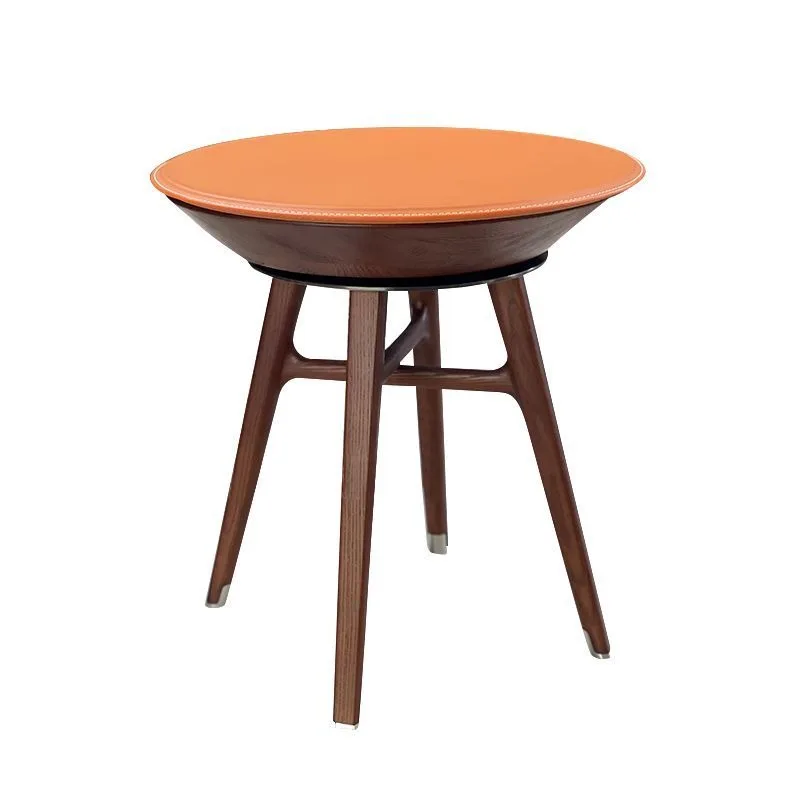 Italian light luxury solid wood saddle leather round corner table, living room multi-functional sofa edge table, bedroom