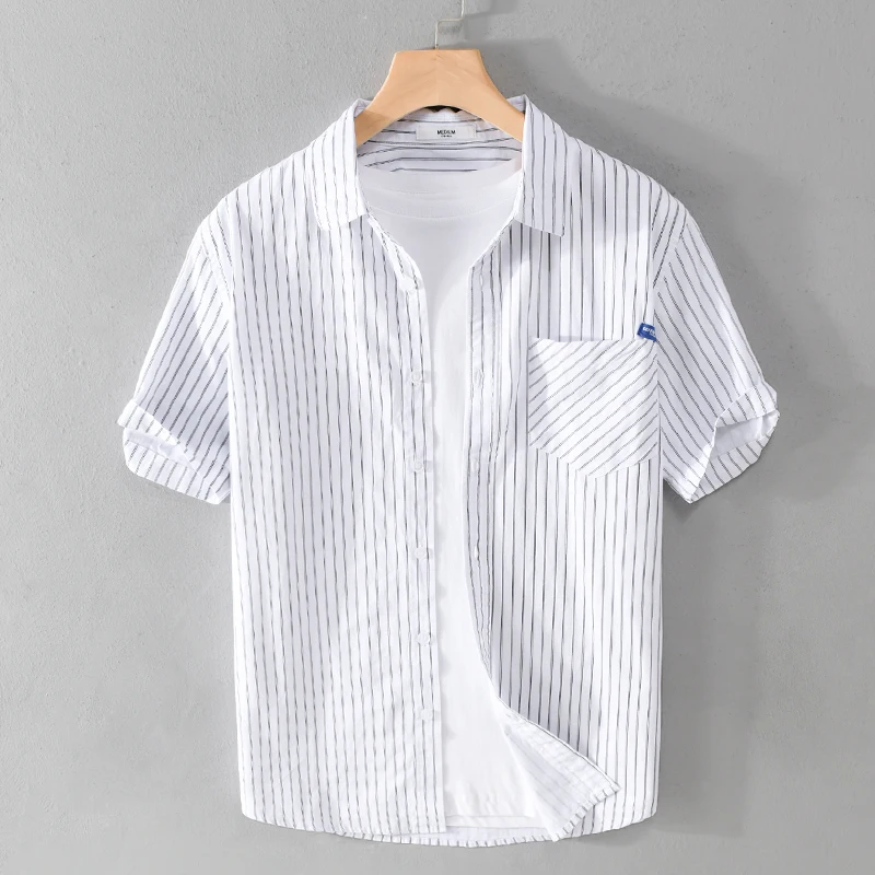 Italy Designer Short-sleeve Casual Stripes Pure Cotton Brand Shirts For Men Fashion Comfortable Tops Clothing Camisa Masculina