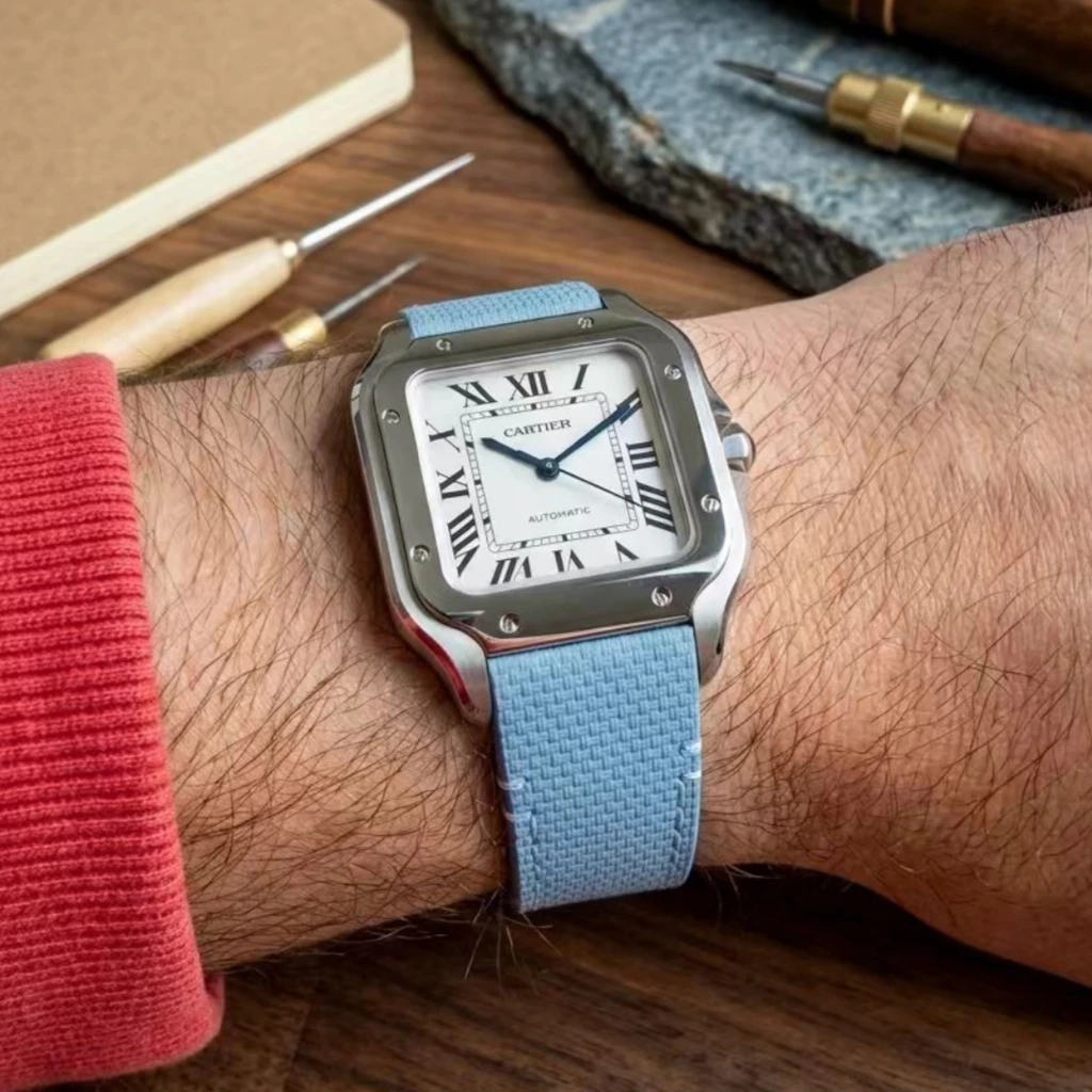 

19mm/21mm Fit For Cartier Santos Sailcloth FKM Rubber Watch Strap L/M Size With Original Steel End Linking Watch Band