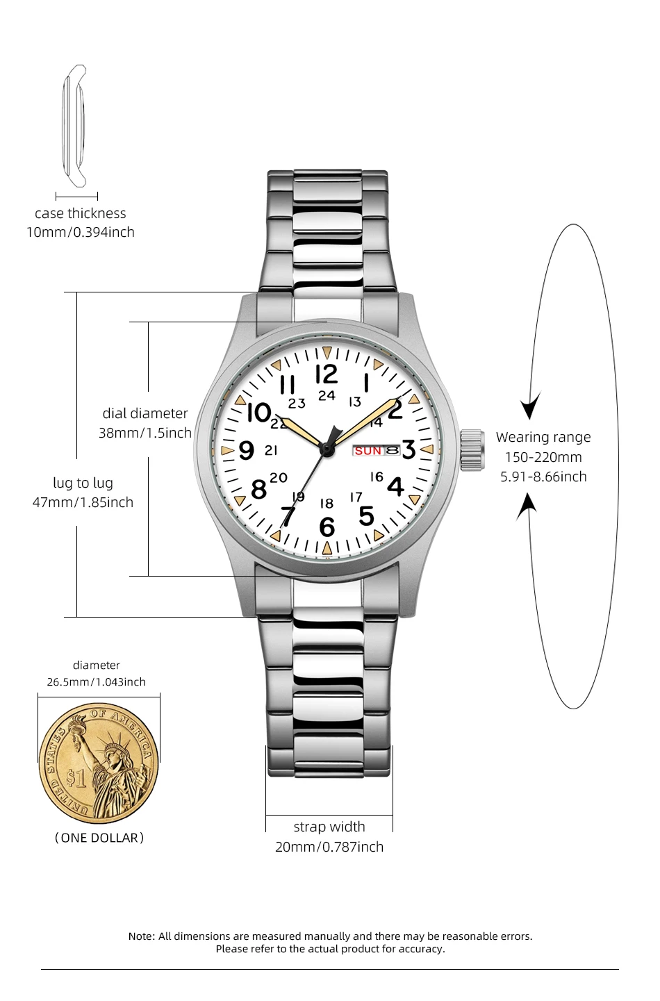 2026 Herren 38mm Leuchtende Zifferblatt-Uhr mit Tages- und Datumsanzeige, im Dunkeln leuchtend, grün, 30M wasserdicht, Felduhr mit Edelstahlarmband – Detail 6