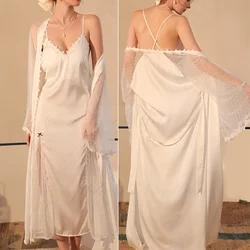 Spring Autumn Female Nighty&Robe Set Sleepwear Sexy White Lace Sleeve Bride Wedding Gown Dress Loose Casual Home Wear Nightgown