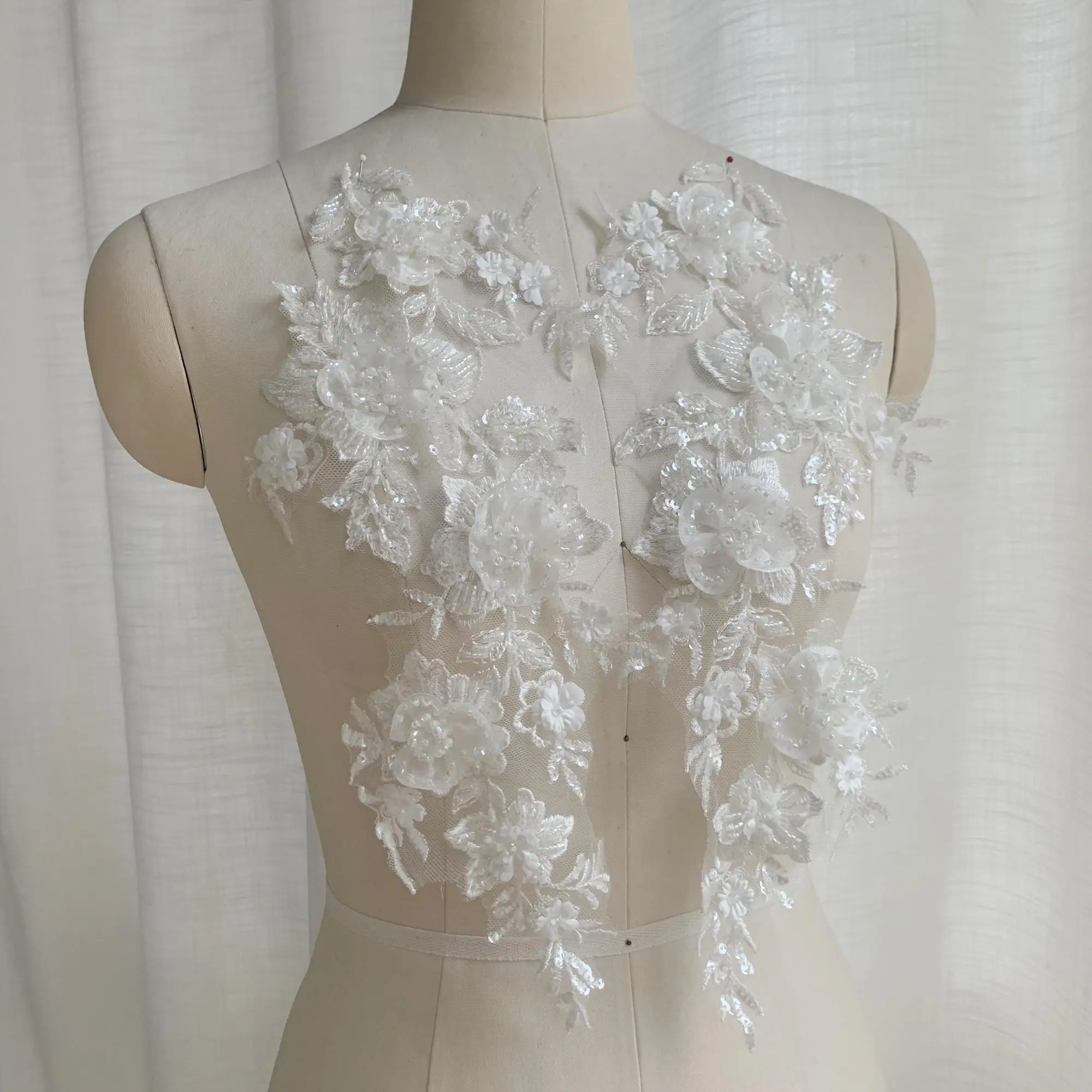 3D Applique Bead Embroidery Patch High End Custom Wedding Dress  White Mirror Flower DIY Sewing Accessories Bridal Decoration