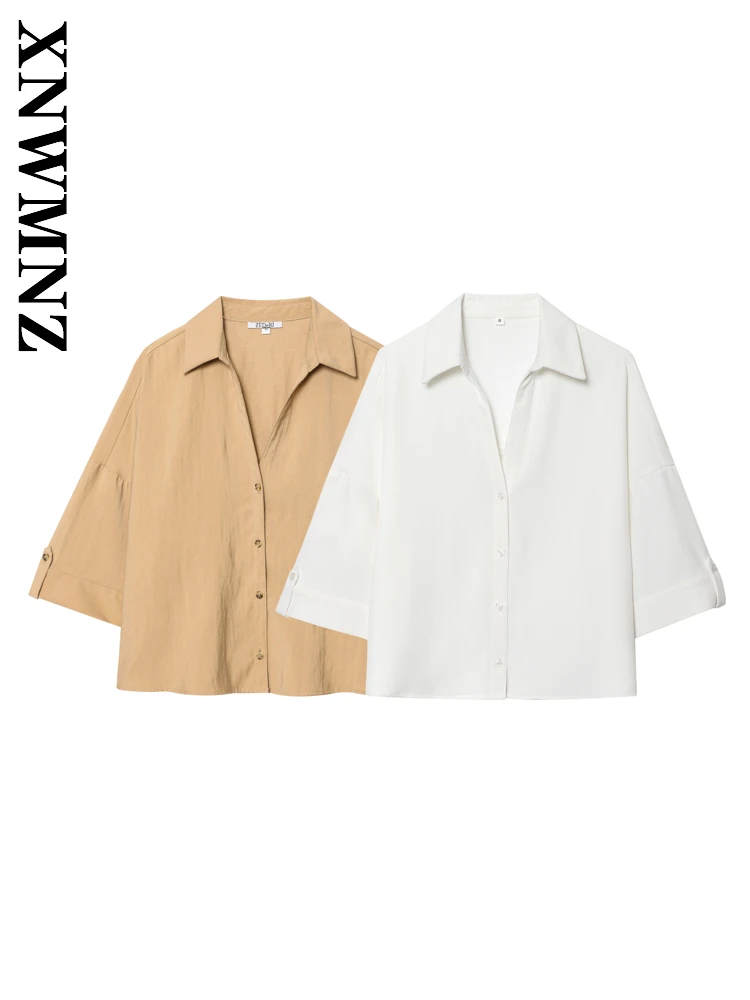 

XNWMNZ 2025 Summer Woman Fashion Commuting Short Sleeve Shirt Casual Women Clothing Turn-down Collar Blouses Chic Loose Fit