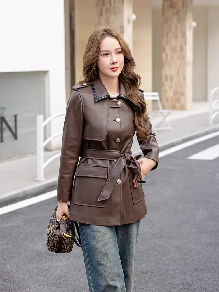 

Slim Lace-up Genuine Leather Windbreaker Jackets for Women Spring Autumn 2026 High-end Solid Simple Casual Real Sheepskin Coat
