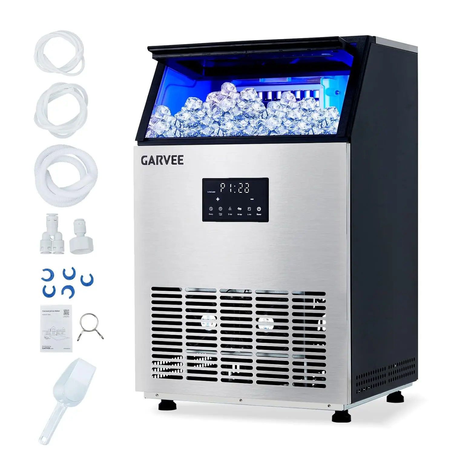 Commercial Ice Maker Machine 150LBS/24H, 40LBS Storage Bin, Fast Ice Making, Dual Water Inlet & Auto Self-Cleaning for home