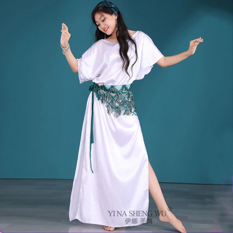 Novo barato egito baladi gasto saidi robe solto feminino dança do ventre oriental prática wite traje 4 peça conjunto com cinto