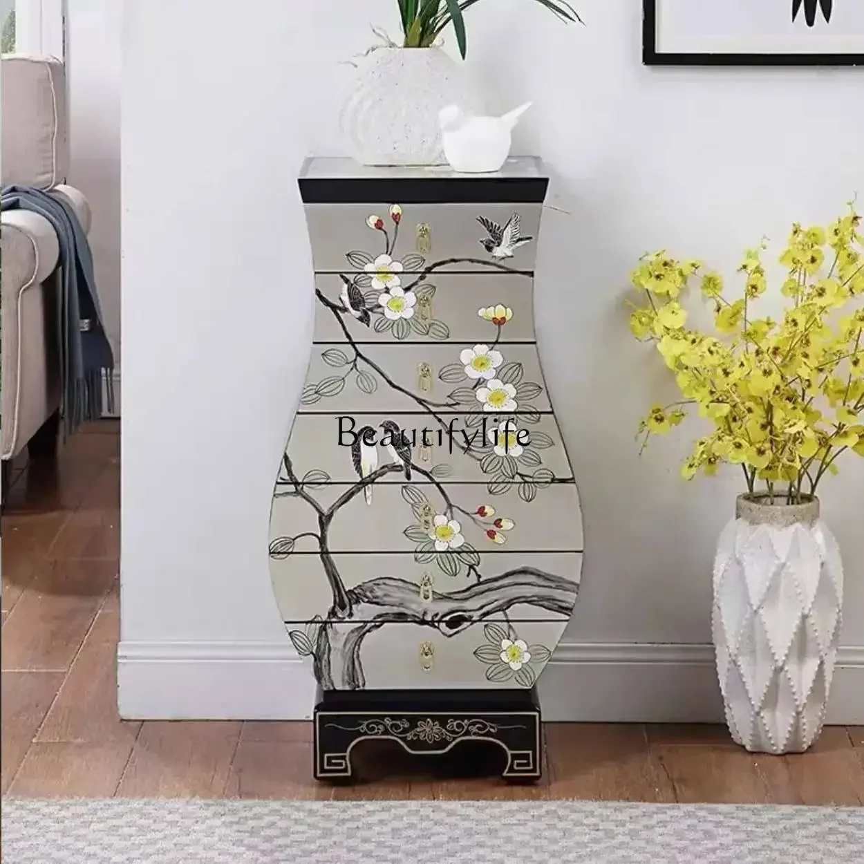 01New Chinese-style painted chest cabinet simple storage residential furniture living room drawer storage cabinet